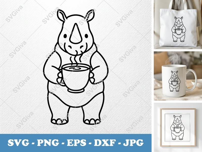 Rhinoceros SVG | Cute Rhino with Coffee Cup | Animal Line Art | PNG, EPS, DXF for Cricut, Silhouette