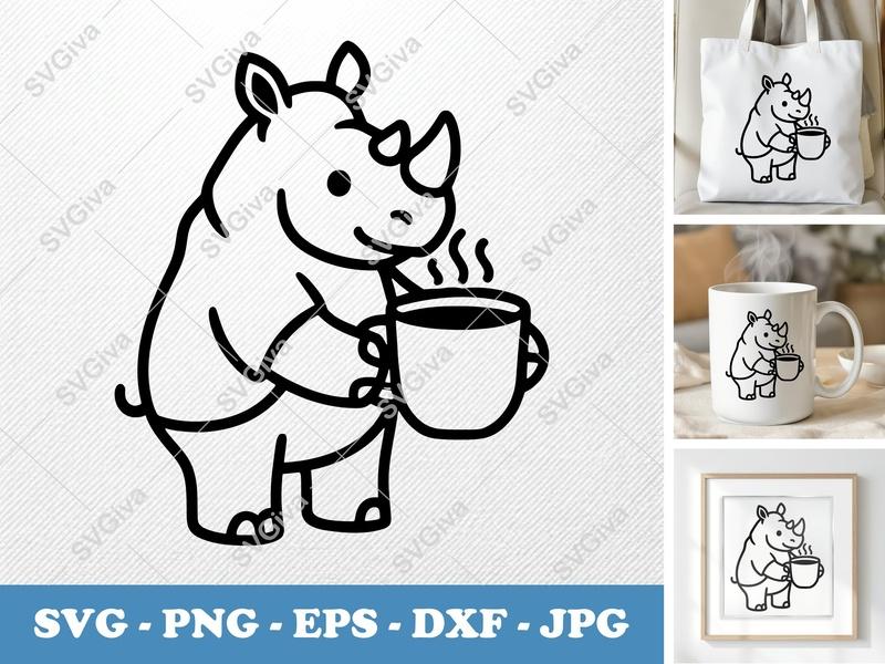 Rhinoceros SVG, Cute Rhino with Coffee Mug, Animal Lover PNG, EPS, DXF for Cricut & Silhouette, Modern Line Art