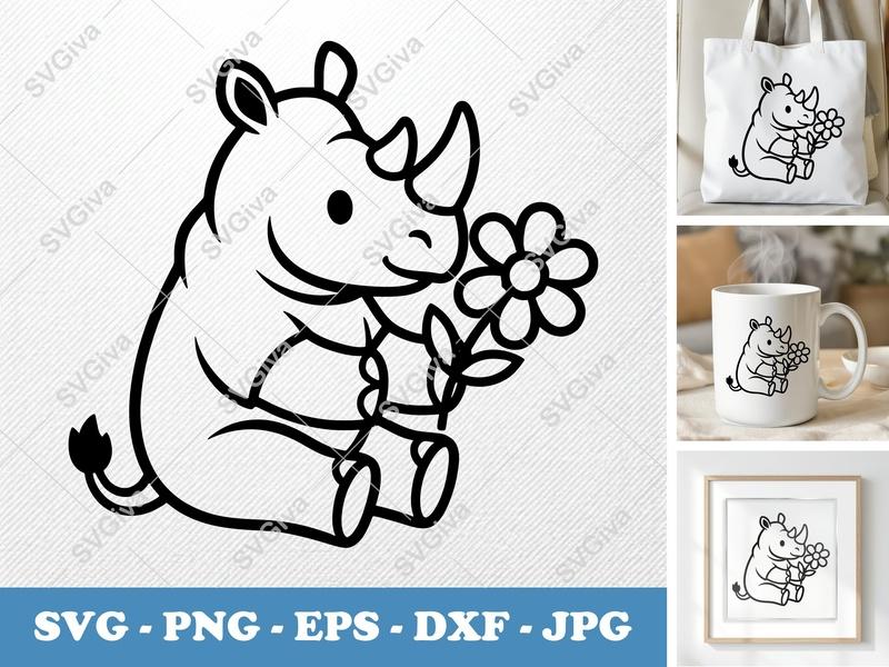Rhinoceros SVG | Cute Rhino with Flower Cut File | Baby Animal PNG, EPS, DXF for Cricut & Silhouette | Safari Nursery Decor