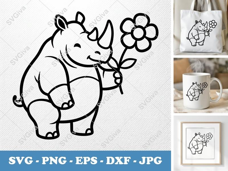 Rhinoceros SVG, Cute Rhino with Flower, Modern Cartoon Animal Line Art, PNG EPS DXF for Cricut Silhouette