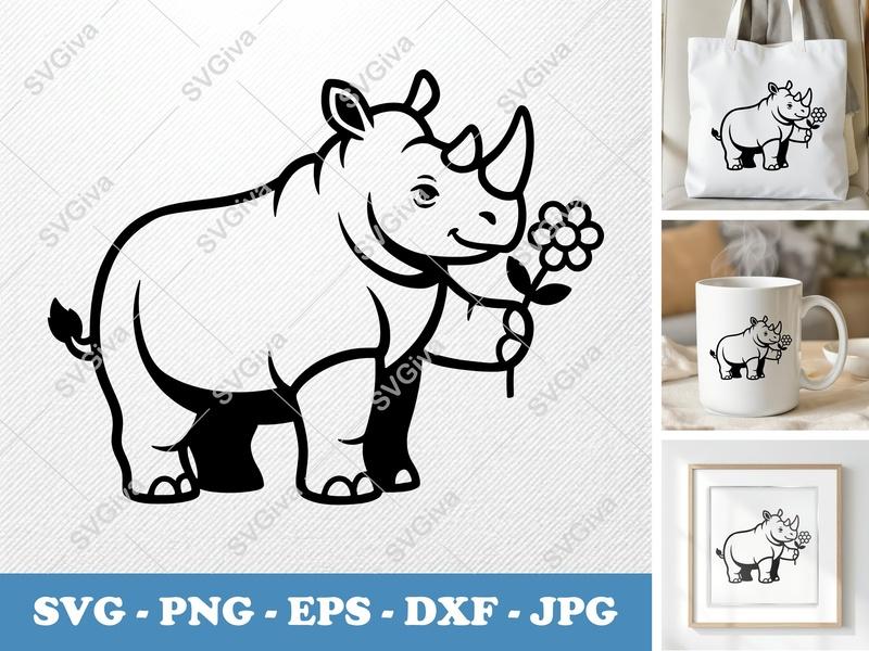 Rhinoceros SVG, Cute Rhino with Flower, Safari Animal Cut File PNG EPS DXF for Cricut, Silhouette, Zoo Vector Art