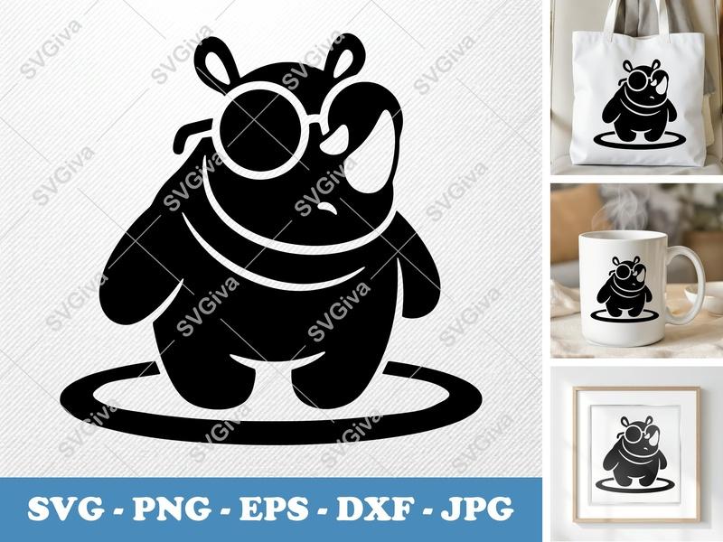 Rhinoceros SVG, Cute Rhino with Glasses, Cartoon Animal Cut File, Modern Design | PNG EPS DXF for Cricut Silhouette