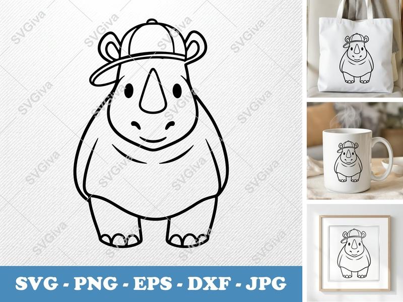 Rhinoceros SVG, Cute Rhino with Hat, Safari Animal Clipart, PNG, EPS, DXF for Cricut & Silhouette, Digital Download