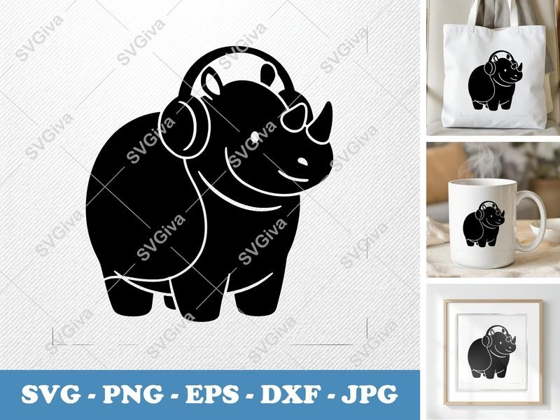 Rhinoceros SVG | Cute Rhino with Headphones | Animal Cut File for Cricut, Silhouette | PNG EPS DXF | Modern Cartoon