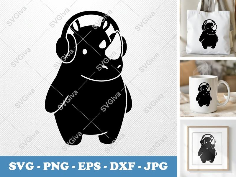 Rhinoceros SVG | Cute Rhino with Headphones | Animal Cut File, PNG, EPS, DXF for Cricut, Silhouette