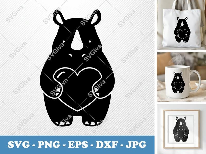 Rhinoceros SVG | Cute Rhino with Heart | Animal Cut File | Modern Clean Design | PNG, EPS, DXF for Cricut, Silhouette