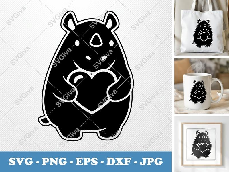 Rhinoceros SVG | Cute Rhino with Heart | Animal Love Cut File for Cricut, Silhouette | PNG EPS DXF | Modern Safari