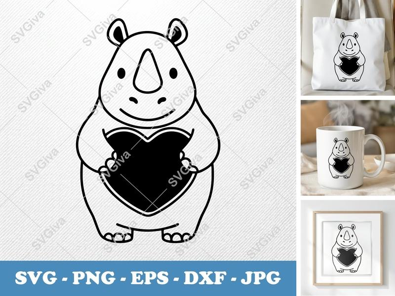 Rhinoceros SVG | Cute Rhino with Heart | Animal Love Cut File | PNG EPS DXF for Cricut & Silhouette | Valentine's Day