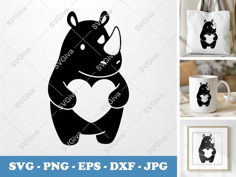 Rhinoceros SVG | Cute Rhino with Heart Clipart | Modern Animal Cut File for Cricut, Silhouette | PNG, EPS, DXF Included