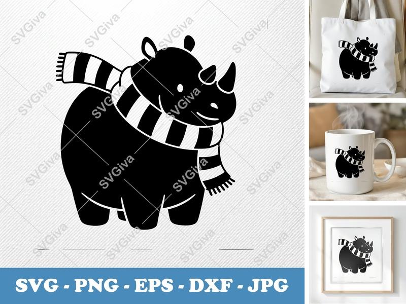 Rhinoceros SVG | Cute Rhino with Scarf | Animal Clipart, Digital Download for Cricut, Silhouette | PNG EPS DXF