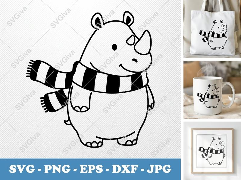 Rhinoceros SVG | Cute Rhino with Scarf | Animal Clipart, Digital Download | PNG EPS DXF for Cricut, Silhouette