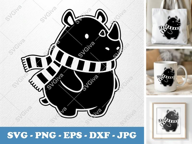 Rhinoceros SVG | Cute Rhino with Scarf | Animal Clipart, Winter Design | PNG, EPS, DXF for Cricut, Silhouette