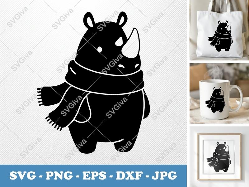 Rhinoceros SVG, Cute Rhino with Scarf, Winter Animal Cut File, PNG, EPS, DXF for Cricut & Silhouette, Modern Design Clipart