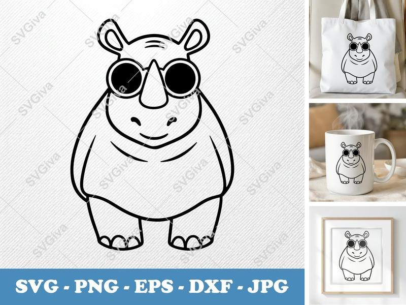 Rhinoceros SVG | Cute Rhino with Sunglasses, Cartoon Animal Clipart, PNG, EPS, DXF for Cricut & Silhouette