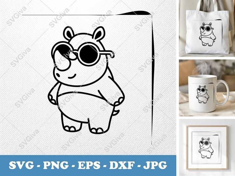 Rhinoceros SVG, Cute Rhino with Sunglasses Clip Art, Modern Line Art, PNG EPS DXF for Cricut & Silhouette