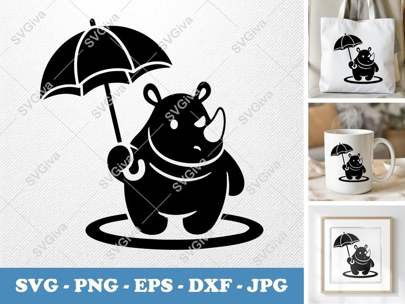 Rhinoceros SVG | Cute Rhino with Umbrella | Animal Cartoon Vector | EPS, DXF, PNG for Cricut, Silhouette