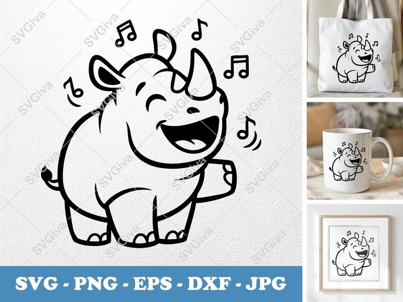 Rhinoceros SVG | Cute Singing Rhino Clipart, Happy Animal Cut File | PNG EPS DXF for Cricut Silhouette