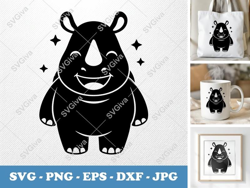 Rhinoceros SVG | Cute Smiling Rhino Animal Clip Art, Happy Rhino Vector | PNG, EPS, DXF for Cricut & Silhouette