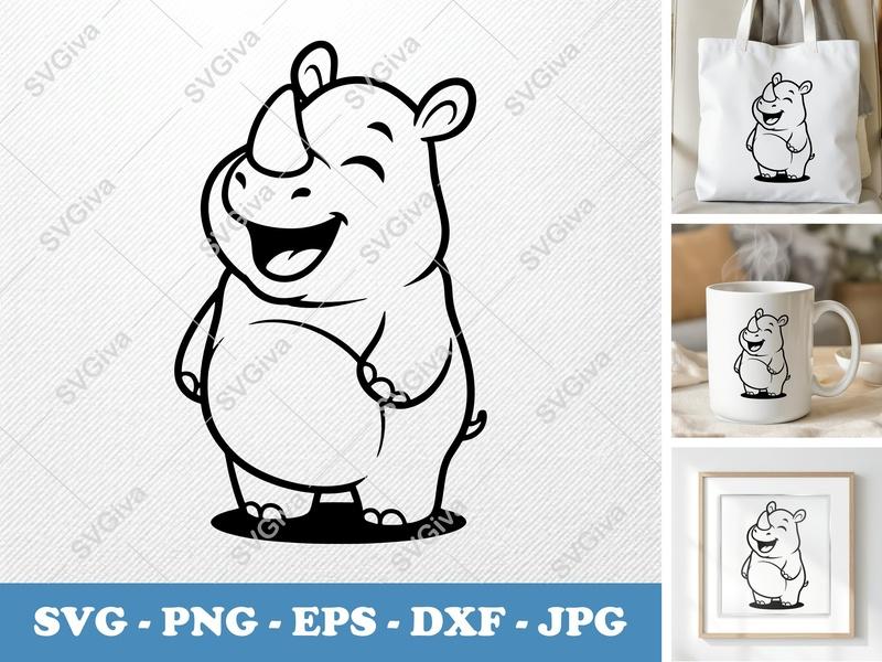 Rhinoceros SVG, Laughing Rhino | Cute Cartoon Animal Cut File for Cricut & Silhouette | PNG EPS DXF | Happy Rhino