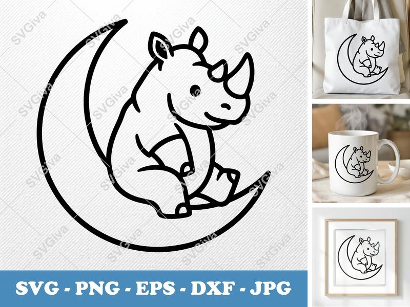 Rhinoceros SVG Moon Cut File | Cute Baby Rhino on Crescent | Animal Nursery Decor | PNG EPS DXF for Cricut Silhouette