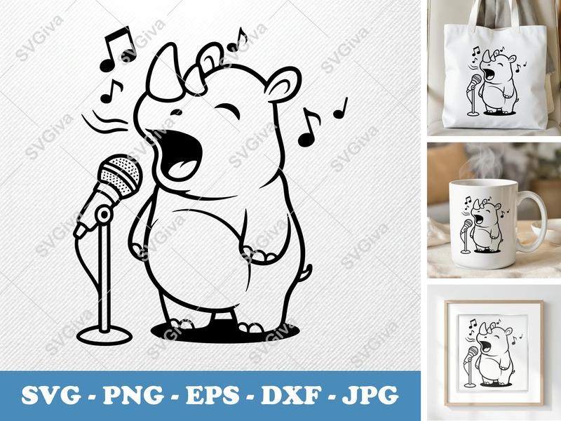 Rhinoceros SVG | Singing Rhino with Microphone & Music Notes | Cute Animal PNG EPS DXF for Cricut Silhouette