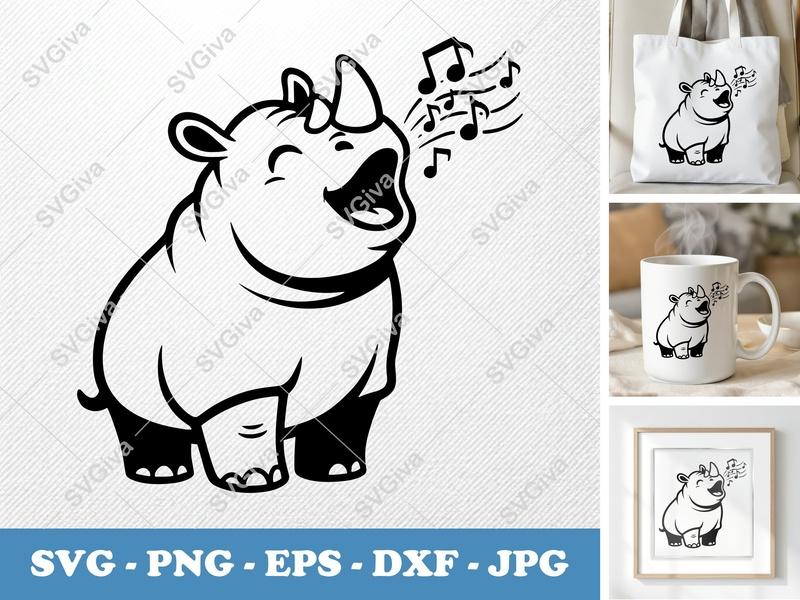 Rhinoceros SVG, Singing Rhino with Music Notes, Cute Animal Clipart, PNG, EPS, DXF for Cricut & Silhouette