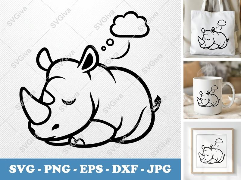 Rhinoceros SVG, Sleeping Rhino Cut File, Cartoon Animal Dream Cloud, PNG EPS DXF for Cricut & Silhouette