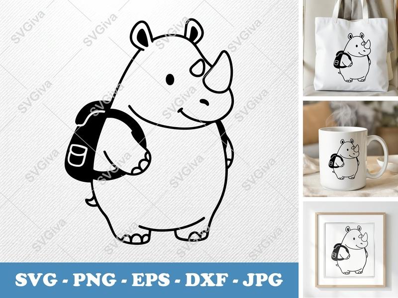 Rhinoceros SVG with Backpack, Cute Rhino Clipart, Animal Cut File | PNG EPS DXF | Cricut Silhouette File