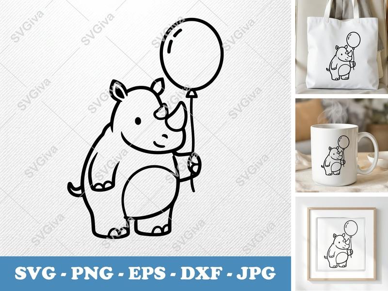 Rhinoceros SVG with Balloon | Cute Rhino Clip Art, Outline Animal | PNG, EPS, DXF for Cricut, Silhouette