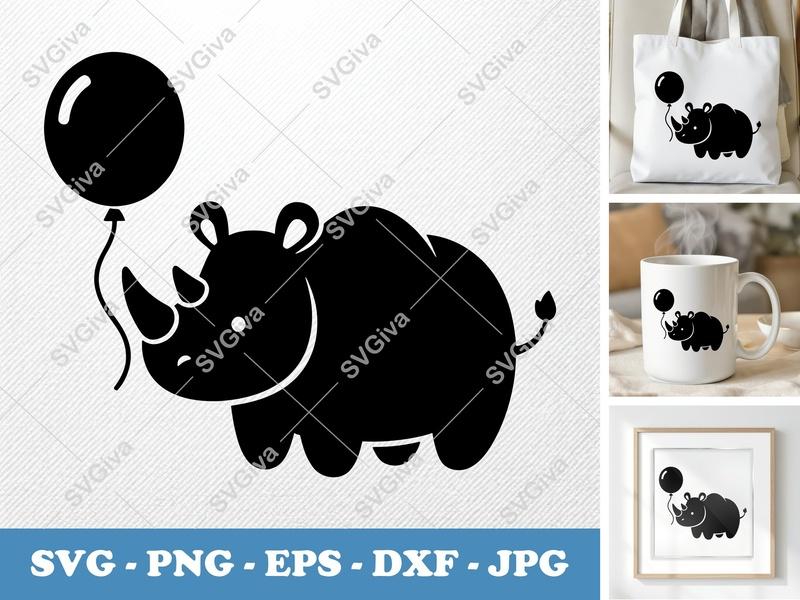 Rhinoceros SVG with Balloon | Cute Rhino Cut File | PNG EPS DXF for Cricut Silhouette, Baby Animal Art