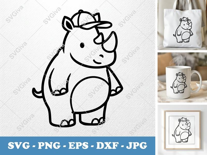 Rhinoceros SVG with Cap | Cute Rhino Clipart, Cartoon Animal, Zoo, Safari | PNG EPS DXF for Cricut, Silhouette
