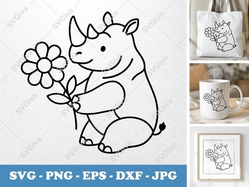 Rhinoceros SVG with Flower | Cute Rhino Cut File for Cricut, Silhouette | Animal Clipart PNG, EPS, DXF | Baby Rhino Vector