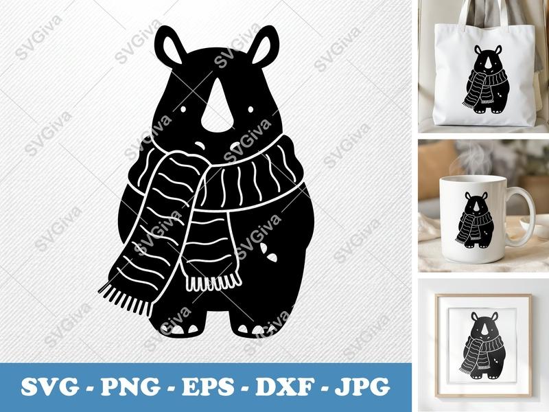 Rhinoceros SVG with Scarf, Cute Rhino Clipart, Winter Animal Cut File | PNG, EPS, DXF for Cricut, Silhouette