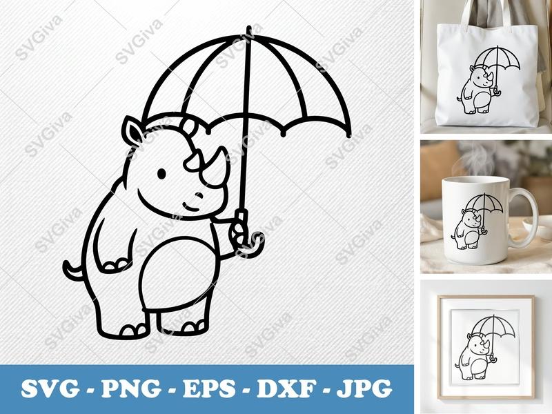 Rhinoceros SVG with Umbrella | Cute Rhino Clipart, Outline Vector | PNG EPS DXF for Cricut, Silhouette, Kids Crafts