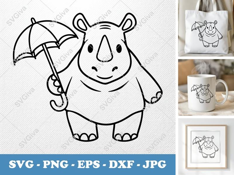 Rhinoceros SVG with Umbrella, Cute Rhino Cut File, Cartoon Animal PNG EPS DXF for Cricut | Silhouette