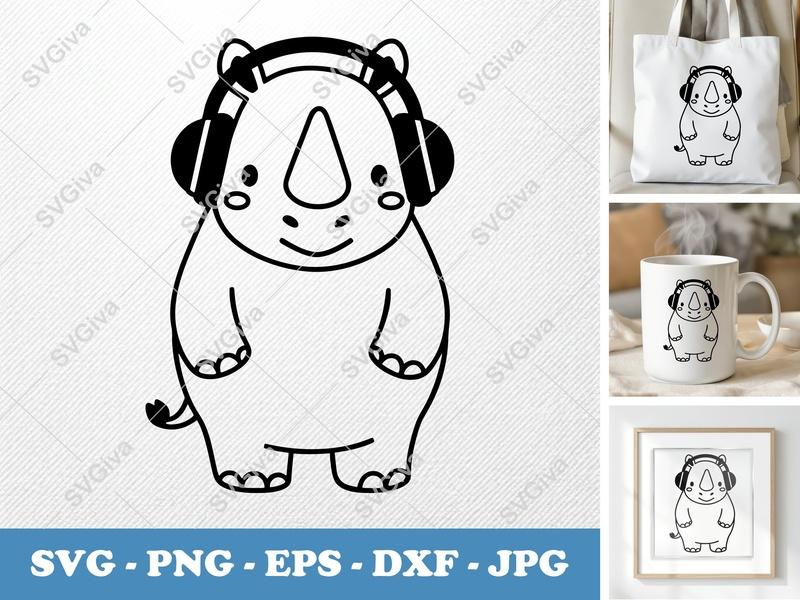 Rhinoceros Wearing Headphones SVG | Puffy Cartoon Style Cut File | PNG DXF EPS for Cricut & Silhouette