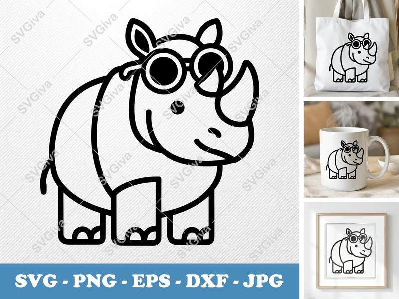 Rhinoceros Wearing Sunglasses SVG | Friendly, Rounded Body Cut File | PNG DXF EPS | Cricut Silhouette Design