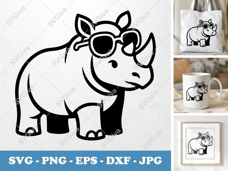 Rhinoceros Wearing Sunglasses SVG | Minimalist Character | Bold Contour Vector | PNG DXF EPS | Cricut Silhouette File