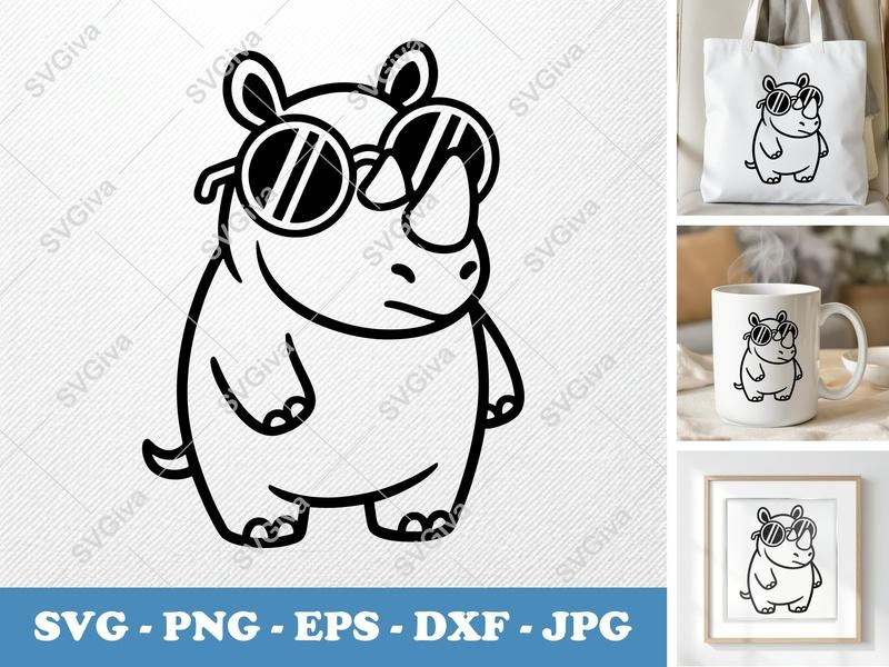 Rhinoceros Wearing Sunglasses SVG | Puffy Soft Kawaii Design | PNG DXF EPS | Cricut Silhouette File