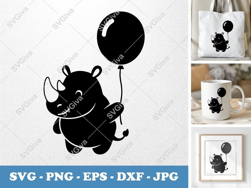 Rhinoceros with Balloon SVG | Cute Rhino Cut File PNG DXF EPS | Cricut Silhouette Design | Animal Party Clip Art