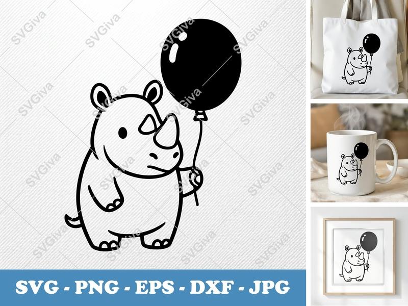 Rhinoceros with balloon SVG | Puffy | Inflated | Pillow-Soft | PNG DXF EPS | Cricut Silhouette File