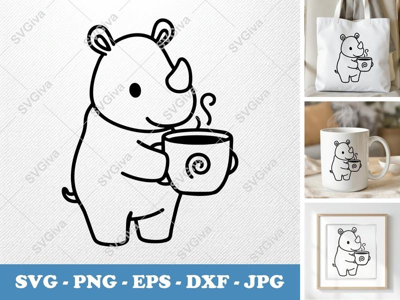 Rhinoceros with Coffee Cup SVG | Cute Rhino PNG DXF EPS Cut File for Cricut Silhouette