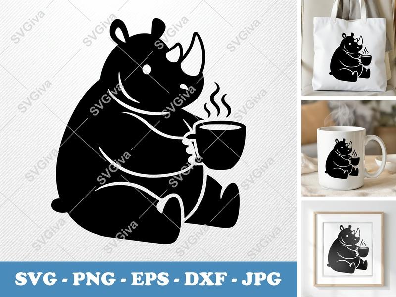 Rhinoceros with Coffee Cup SVG PNG DXF EPS | Cricut Silhouette Cut File | Cute Rhino Vector Art