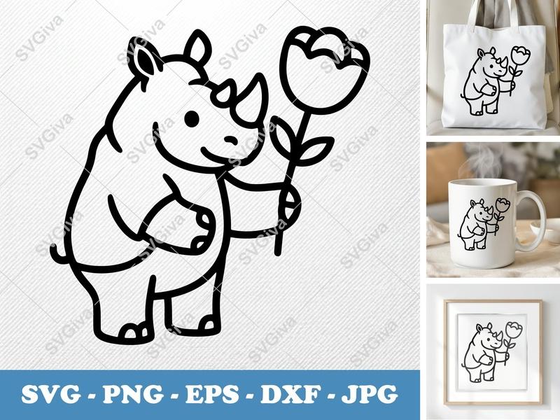 Rhinoceros with flower SVG | Minimalist Bold Contour Cut File | PNG DXF EPS | Cricut Silhouette | Animal Nature