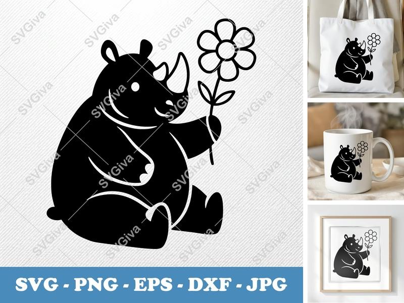 Rhinoceros with Flower SVG PNG DXF EPS | Cute Rhino Cut File for Cricut Silhouette | Animal Vector