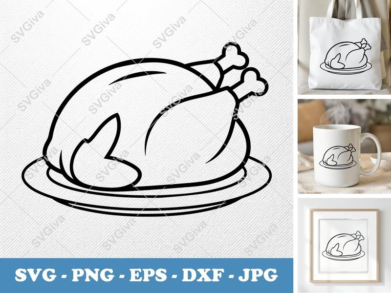 Roast Turkey on a Plate SVG PNG DXF EPS | Food Cut File Cricut Silhouette Vector