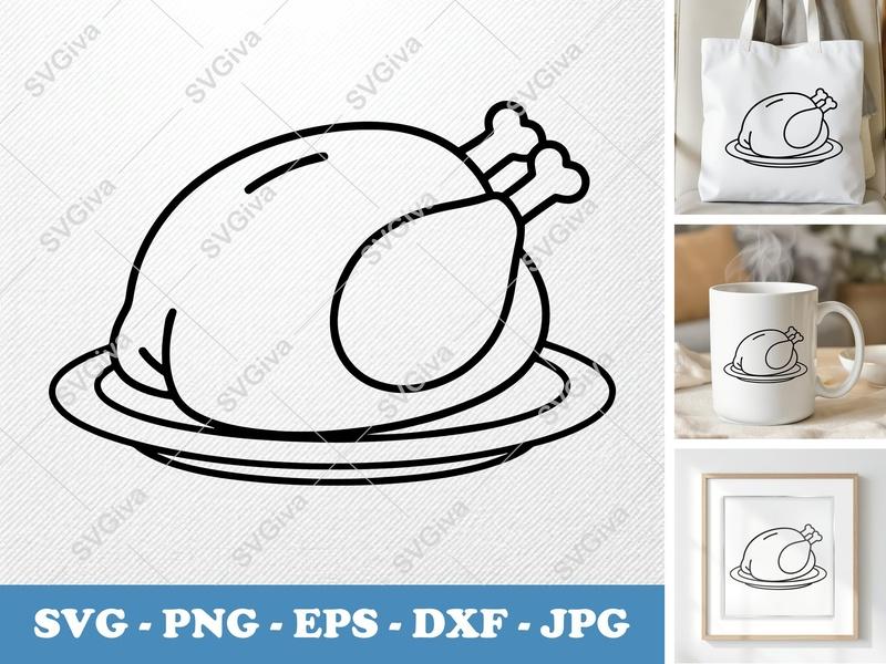Roast Turkey on a Plate SVG PNG DXF EPS | Thanksgiving Cut File for Cricut Silhouette