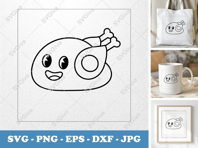 Roast Turkey SVG | Cute Cartoon Outline | Thanksgiving Food Clipart | PNG EPS DXF for Cricut, Silhouette
