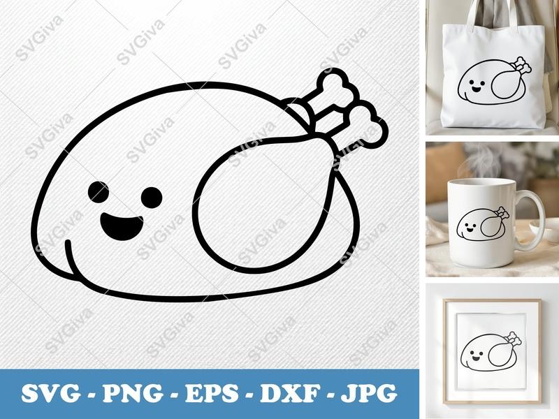 Roast Turkey SVG | Cute Kawaii Outline Design | PNG EPS DXF | Cricut Silhouette File | Happy Thanksgiving Food Clipart
