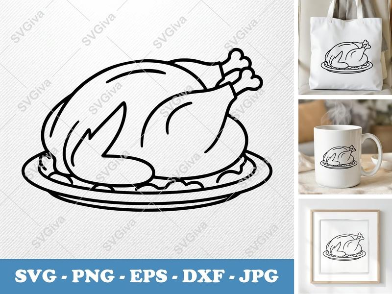 Roast Turkey SVG | Modern Clean Line Art, Thanksgiving Dinner, Cooked Bird Clipart | PNG EPS DXF for Cricut Silhouette